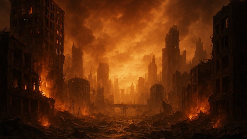 Cidade em ruínas com prédios destruídos pegando fogo e fumaça densa cobrindo o céu.