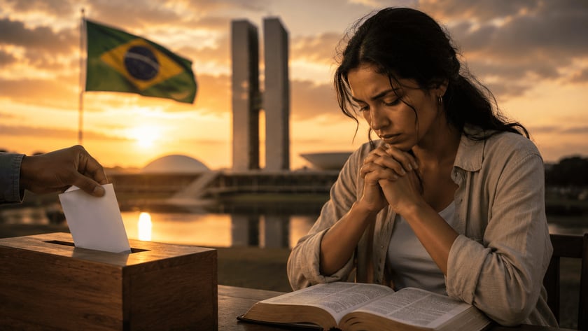 Mulher de mãos juntas diante de uma Bíblia aberta, ao lado de urna e bandeira do Brasil.