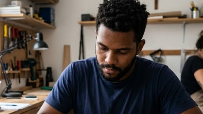 Homem de camiseta azul escreve em caderno ao lado de bíblias abertas, em oficina.