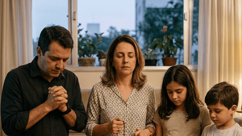 Família de quatro pessoas ajoelhada reza ao redor de mesa com Bíblia, vela e crucifixo.