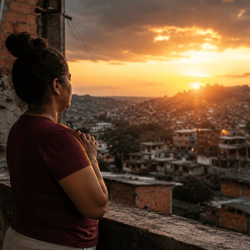 Mulher de camiseta vinho, de costas, observa o pôr do sol sobre uma comunidade em colinas.