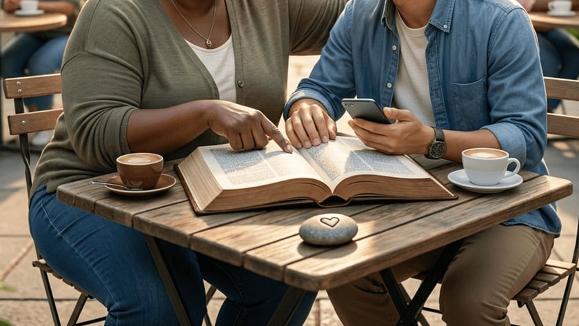 Mulher aponta um livro aberto a um jovem com celular, em café ao ar livre.