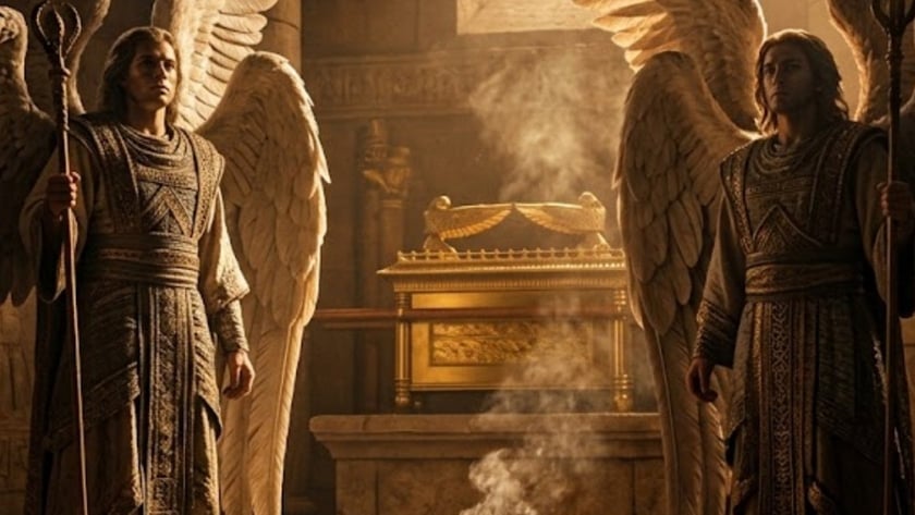 Anjo alado segura um cajado diante de uma arca dourada em um templo de pedra.