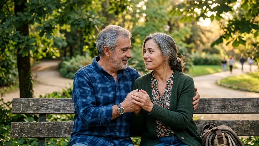 Casal de meia-idade sentado em um banco de parque, de mãos dadas, olhando-se.