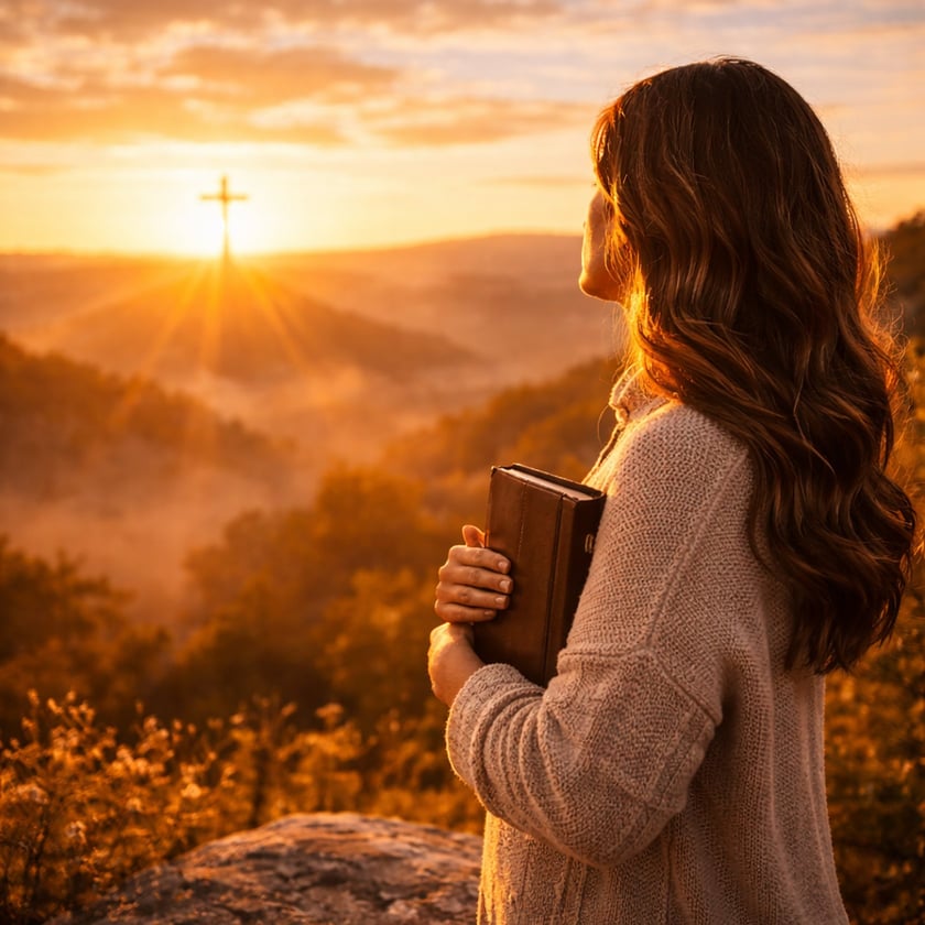 Mulher de cabelos longos segura uma Bíblia diante de uma cruz no horizonte, ao nascer do sol.