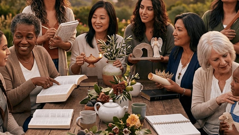 Mulheres diversas e uma menina ao redor de mesa rústica ao ar livre com Bíblias e objetos simbólicos
