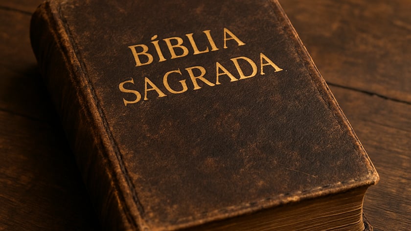 Bíblia antiga de capa de couro marrom desgastada sobre mesa de madeira: "BÍBLIA SAGRADA".