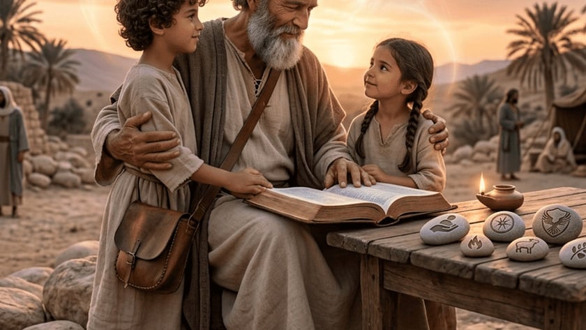 Homem idoso lê um livro aberto com duas crianças, ao pôr do sol no deserto.