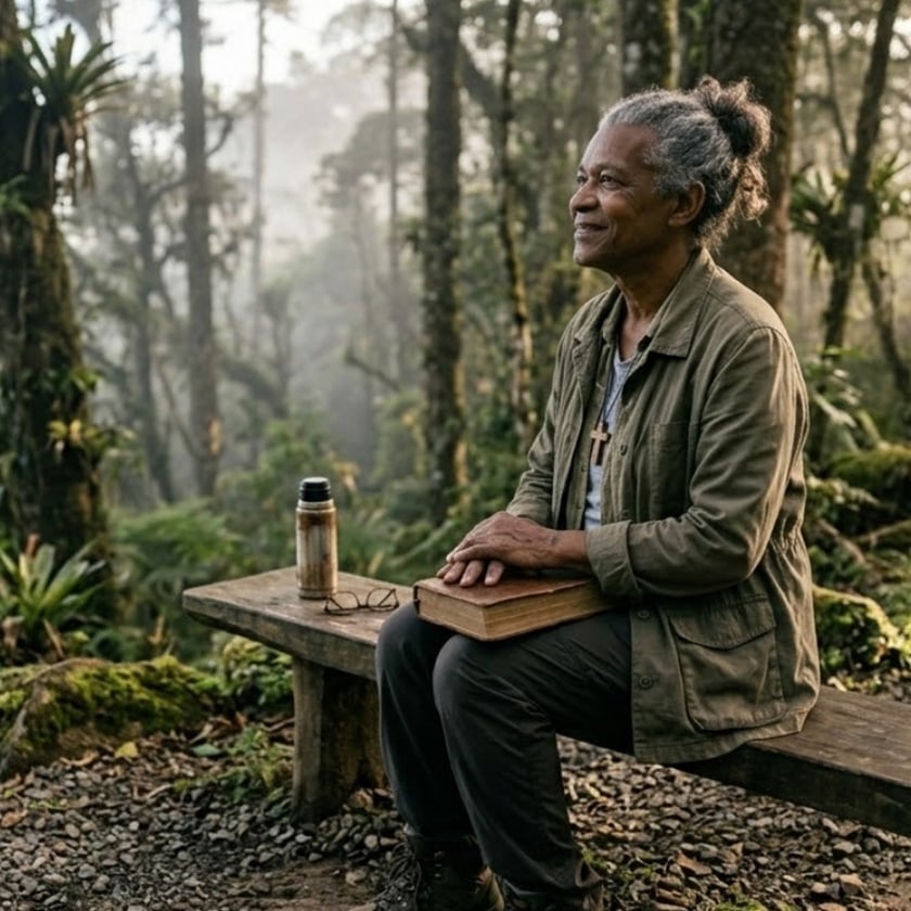 Banco de madeira com garrafa térmica e óculos, ao lado de pessoa com livro em floresta nublada.