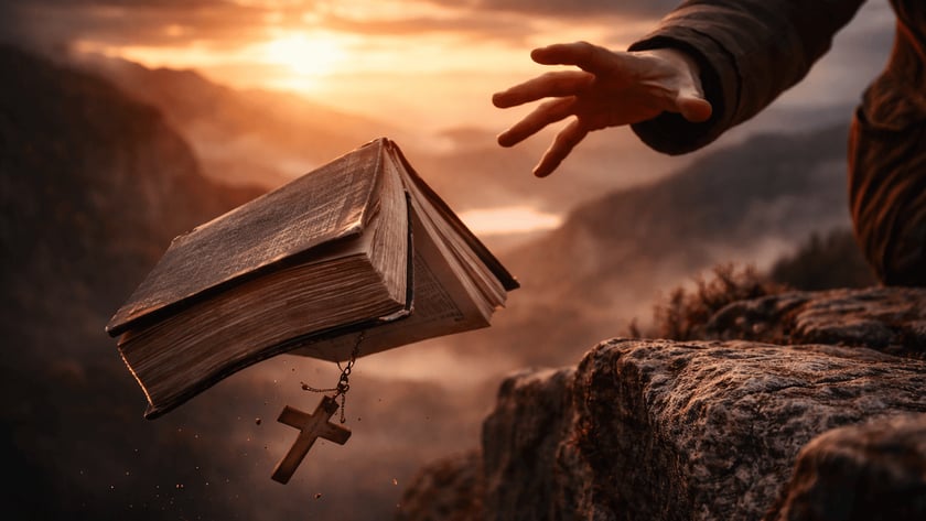 Mão estendida em direção a uma Bíblia com crucifixo caindo de um penhasco ao pôr do sol.