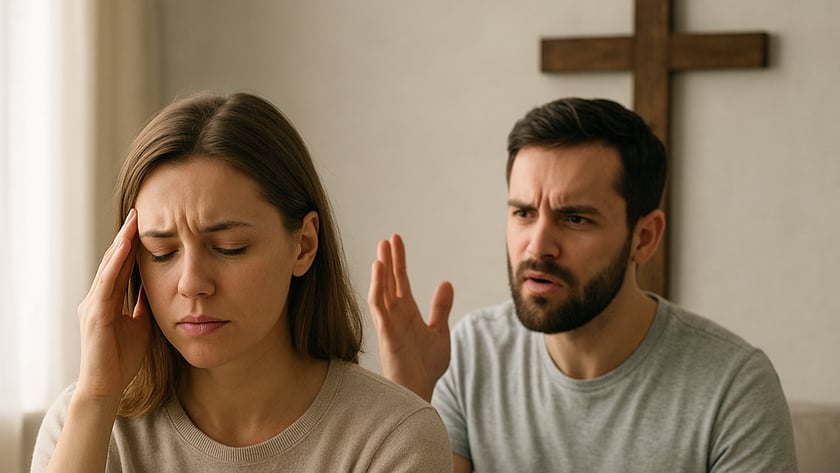 Mulher com a mão na testa e homem gesticulando atrás dela, em sofá, diante de uma cruz.