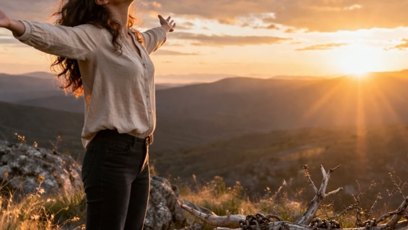 Mulher de braços abertos e rosto erguido em morro ao pôr do sol, com correntes ao lado.