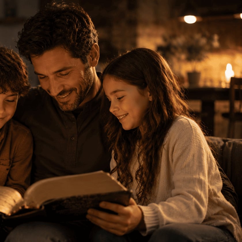 Homem sorridente, uma menina e um menino leem juntos um livro grande num sofá.