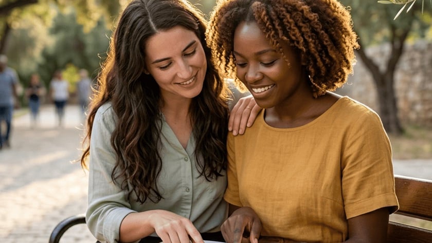 Duas mulheres sentadas em um banco de parque apontam para uma Bíblia aberta.