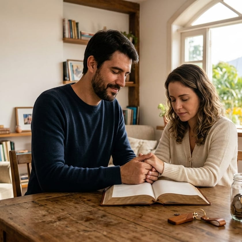 Homem e mulher de mãos dadas e olhos fechados sobre um livro aberto, à mesa.