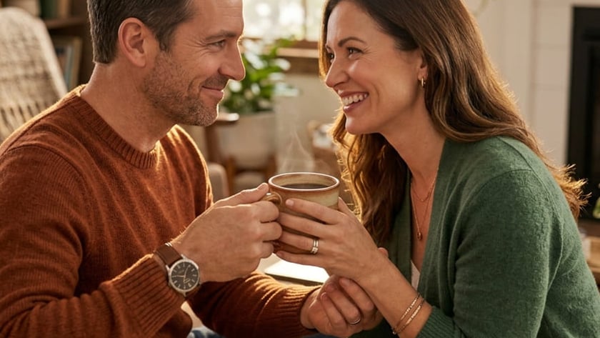 Homem e mulher sentados num sofá segurando juntos uma caneca fumegante na sala.