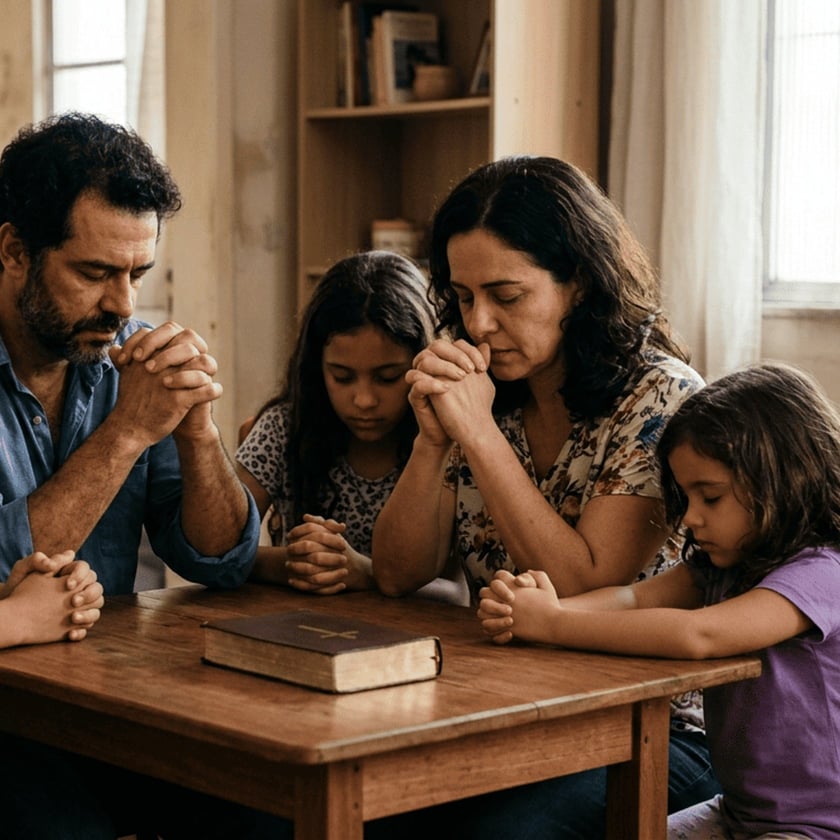 Família com pai, mãe e crianças reza de mãos juntas ao redor de uma mesa com uma Bíblia.