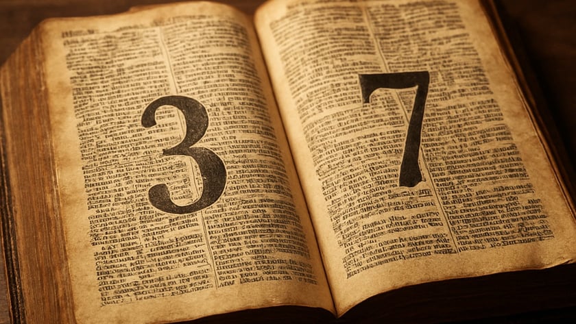 Livro antigo aberto sobre mesa de madeira, com os números "3" e "7" nas páginas.