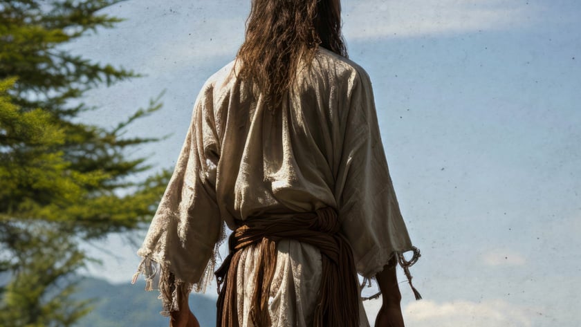 Homem de costas, com cabelo comprido e túnica clara, observa montanhas ao lado de um pinheiro.