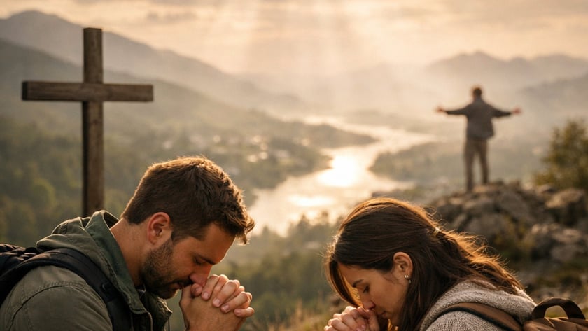 Homem e mulher com mochilas rezam de mãos juntas perto de uma cruz de madeira no alto de um morro.