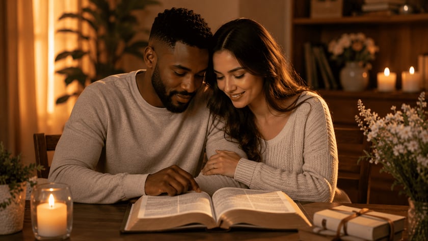 Casal sentado à mesa lê uma Bíblia aberta, com uma vela acesa ao lado.