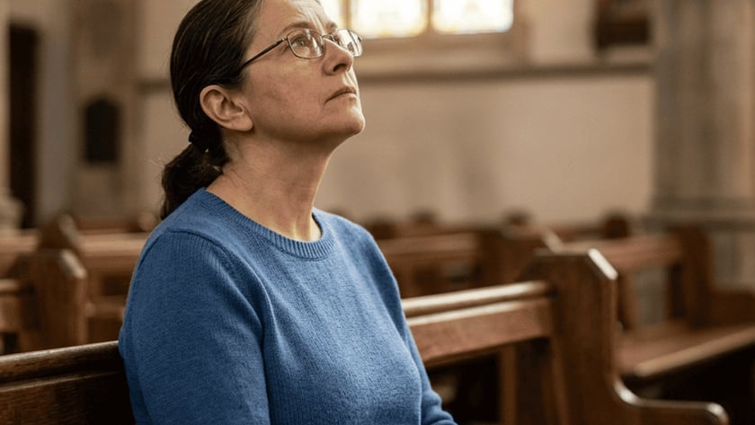 Mulher de óculos e suéter azul, sentada num banco de igreja, olha para cima.
