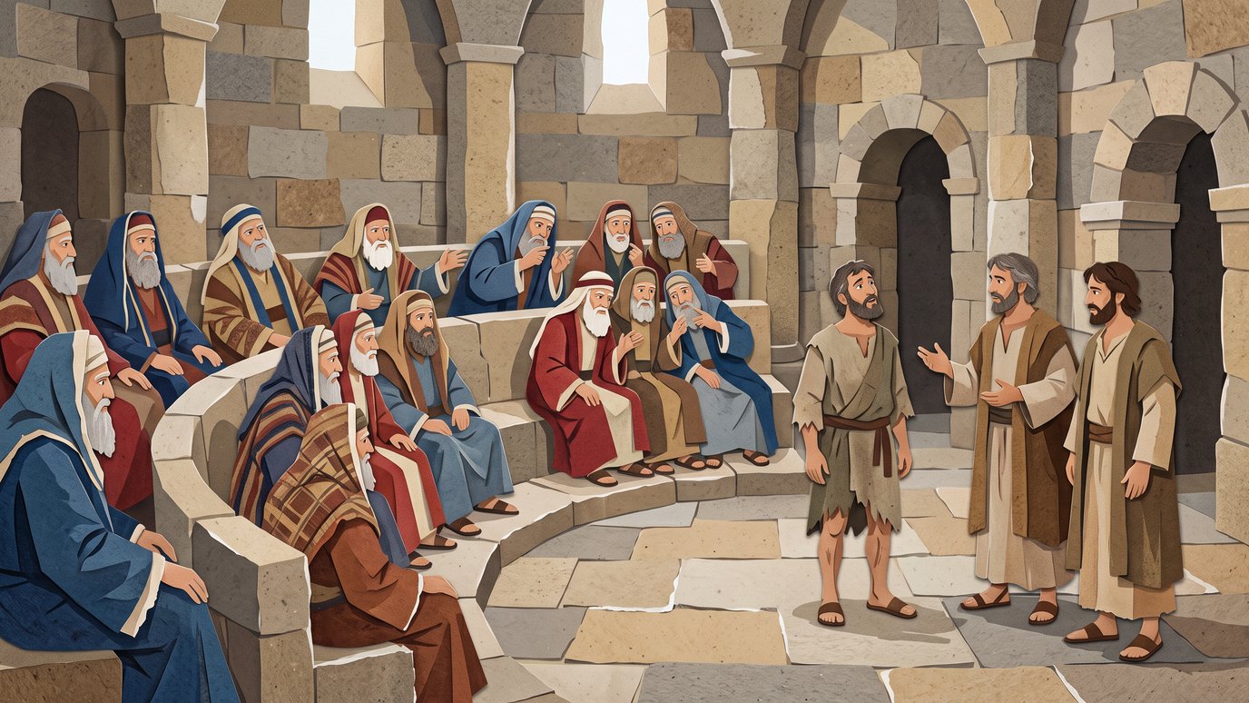 Três homens conversam diante de anciãos sentados em degraus de pedra num recinto antigo.