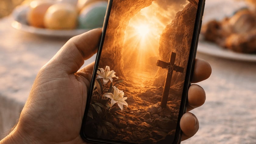 Mão segura celular exibindo caverna com cruz e lírios, diante de mesa com ovos coloridos.