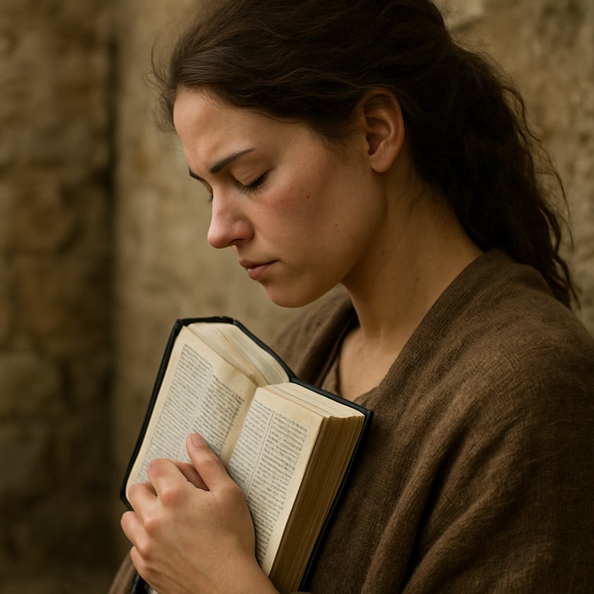 Mulher de olhos fechados e cabeça baixa abraça um livro aberto junto ao peito.