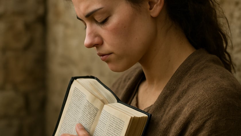 Mulher de olhos fechados e cabeça baixa abraça um livro aberto junto ao peito.