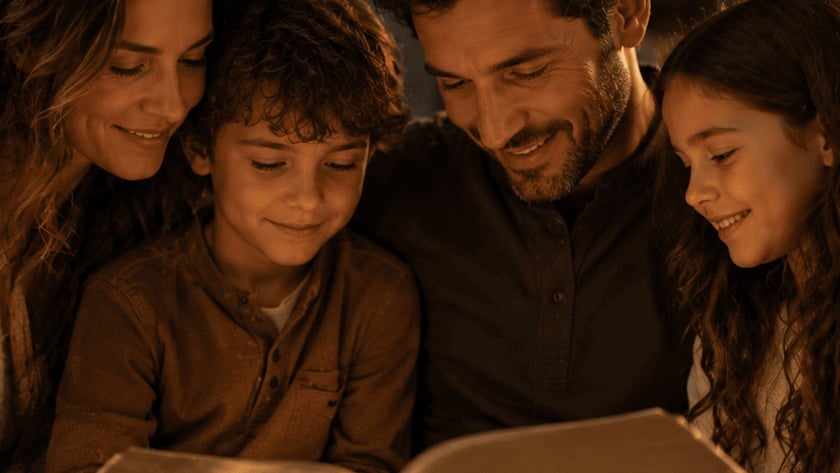 Homem sorridente, uma menina e um menino leem juntos um livro grande num sofá.