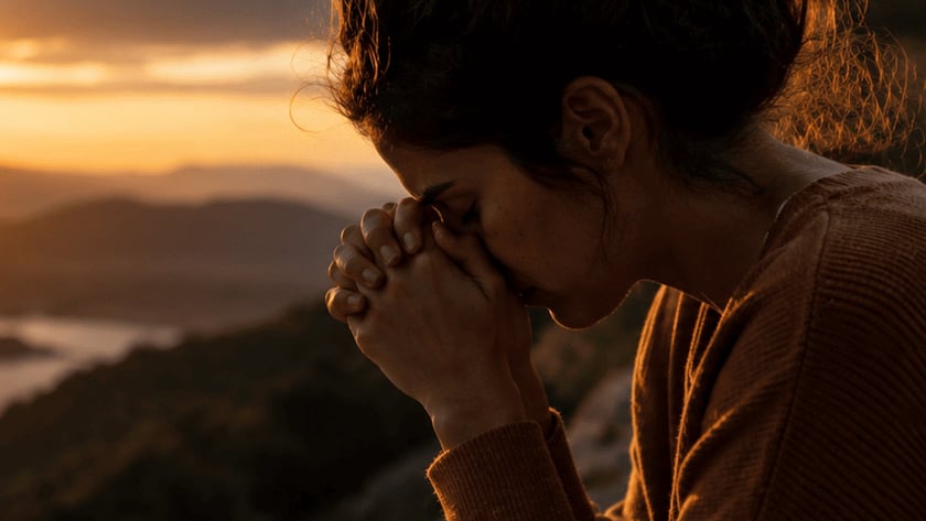 Mulher de mãos unidas e cabeça baixa, ao lado de Bíblia aberta e vela, no topo de um morro.