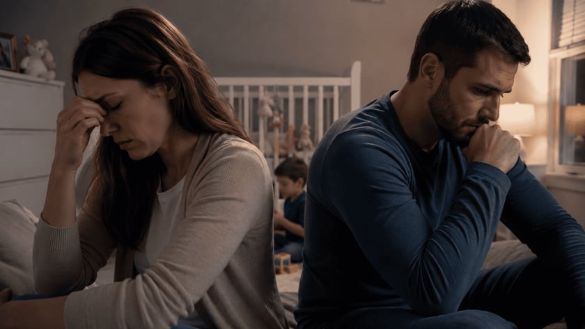 Homem de blusa azul sentado na cama, de cabeça baixa, ao lado de uma mulher de costas.