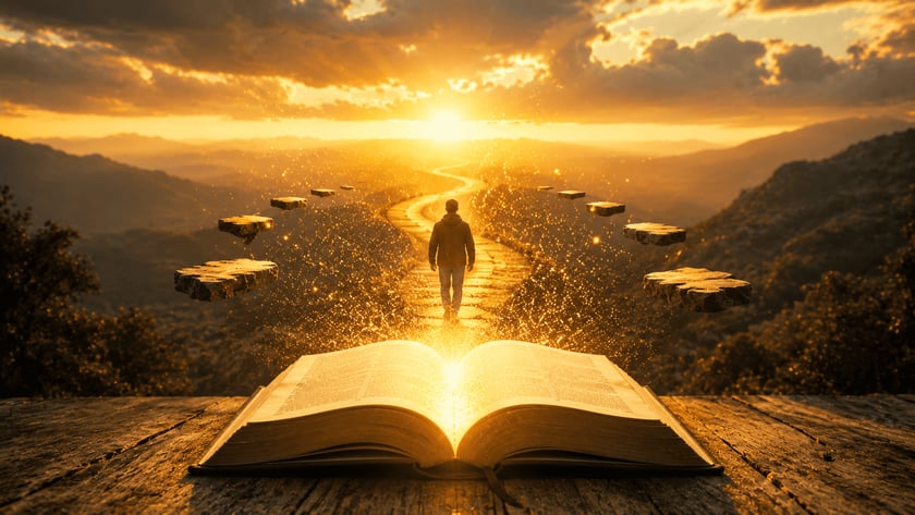 Homem caminha por uma estrada sinuosa que sai de um livro aberto, rumo ao pôr do sol.