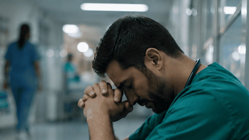 Profissional de saúde de uniforme verde sentado no chão de um corredor hospitalar
