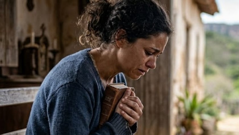 Mulher chorando segura um livro junto ao peito, sentada à porta de uma casa rústica.
