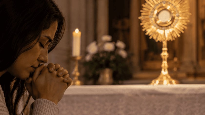 Mulher de cabelo escuro reza com as mãos juntas diante de um ostensório dourado no altar.
