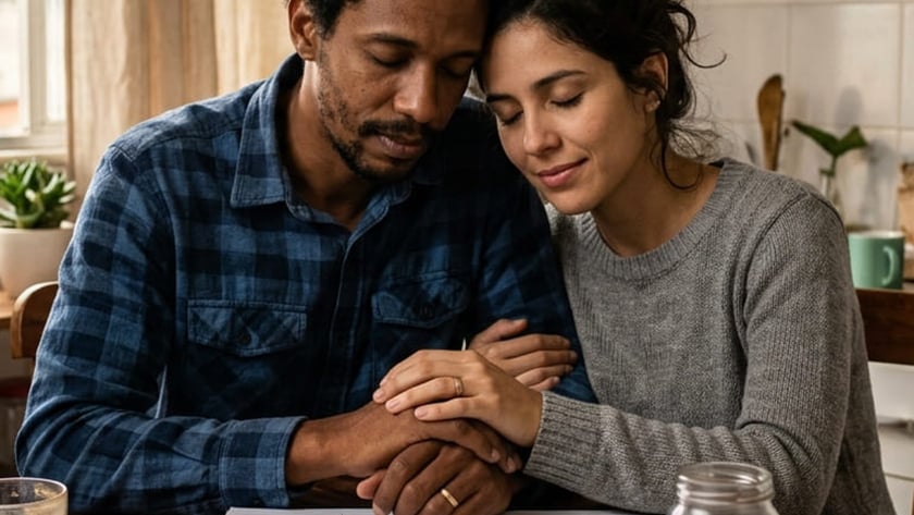 Casal sentado à mesa de madeira, de olhos fechados, com as cabeças encostadas e as mãos unidas.