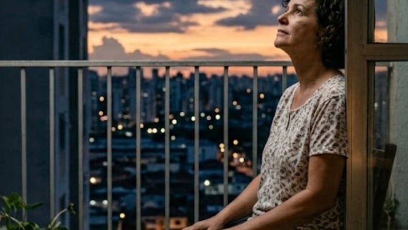 Mulher de cabelo cacheado sentada na varanda de um apartamento, olhando para o céu ao entardecer.