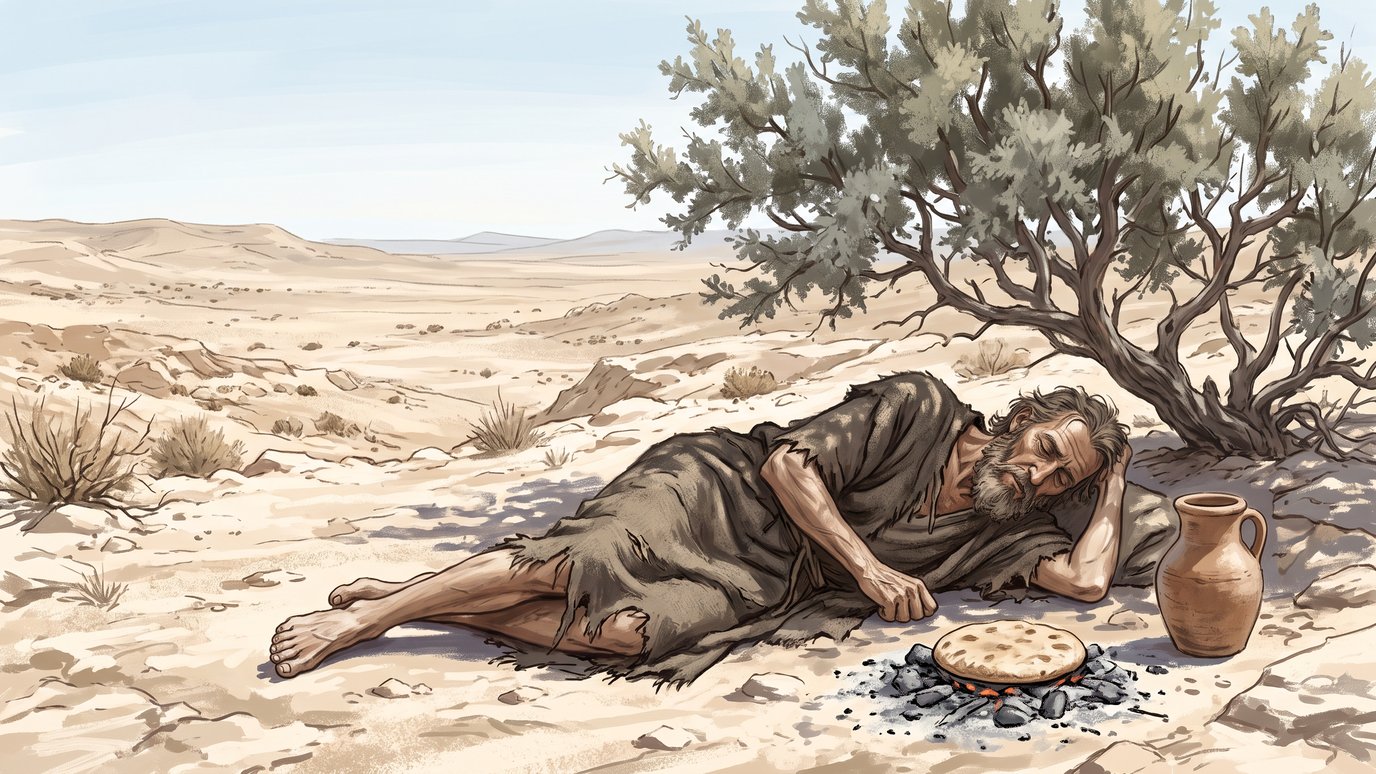 Homem de roupas rasgadas dorme no deserto sob uma árvore, ao lado de um pão e uma jarra.