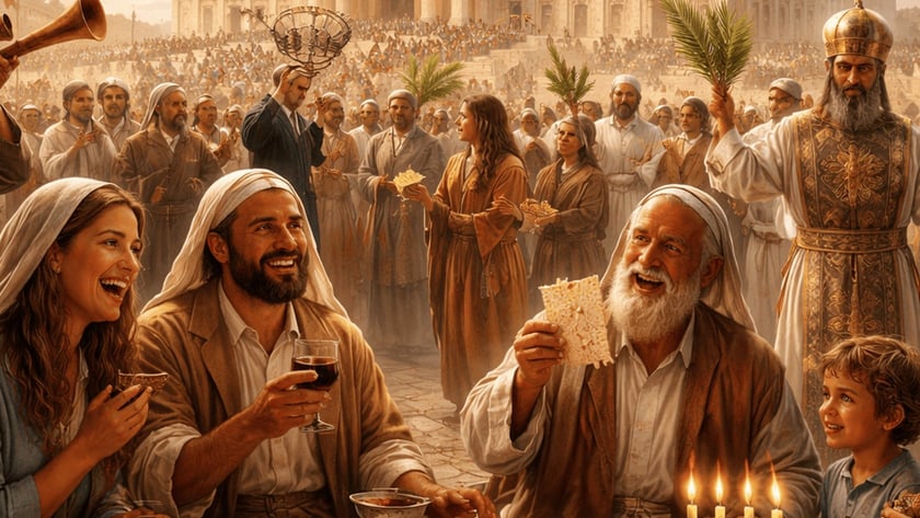 Família sorridente come à mesa com pão ázimo e vinho diante de um grande templo.