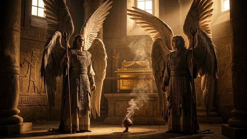 Anjo alado segura um cajado diante de uma arca dourada em um templo de pedra.