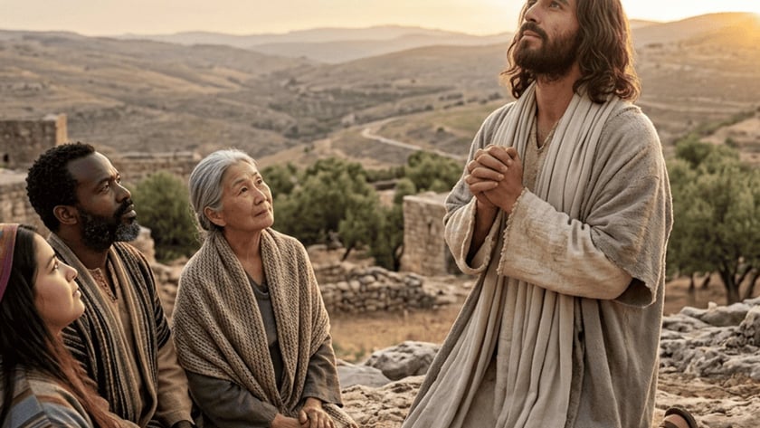 Homem de barba e manto claro ajoelhado, com mãos unidas, olha para o céu ao lado de uma idosa.