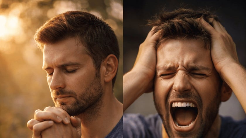 Dois quadros lado a lado: homem barbado de mãos juntas e outro gritando, com as mãos na cabeça.