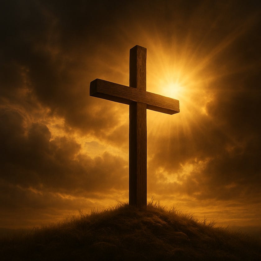 Cruz de madeira no topo de uma colina gramada, com o sol atrás e nuvens escuras.