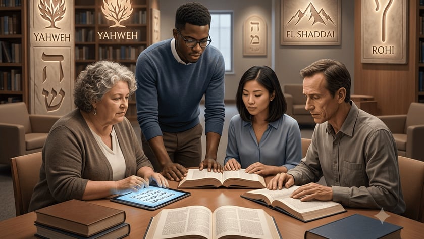 Quatro pessoas estudam livros abertos e um tablet numa biblioteca