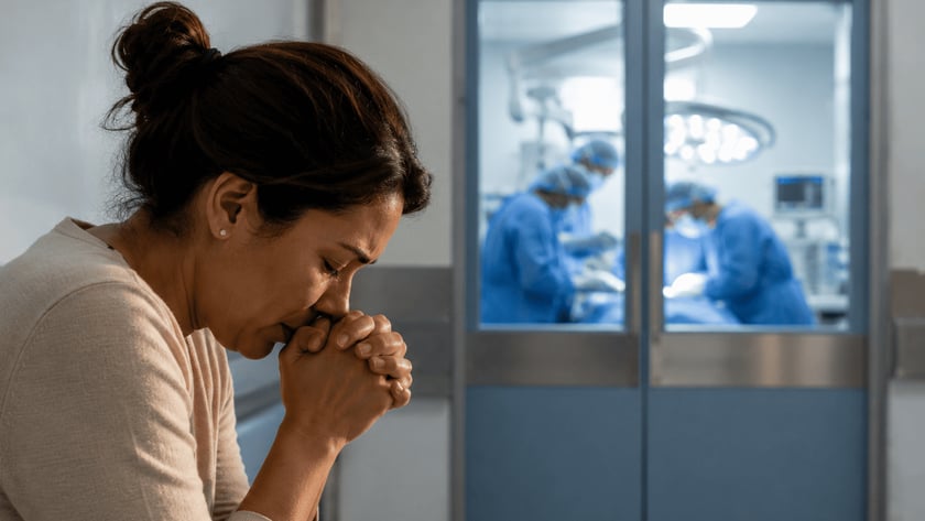 Mulher de olhos fechados e mãos unidas junto ao rosto, sentada em corredor de hospital.
