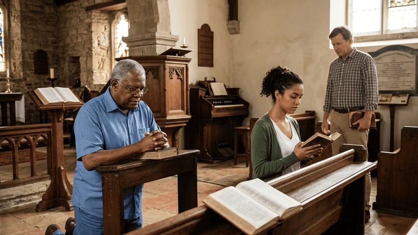 Três pessoas em uma igreja antiga: um homem reza, uma mulher lê e outro homem observa.