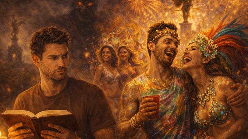 Homem sério lê livro à luz de velas enquanto casal fantasiado ri em festa de carnaval.