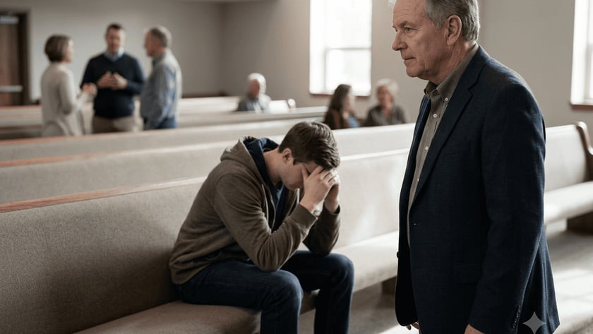 Homem de blazer em pé observa jovem sentado num banco de igreja, com o rosto nas mãos.